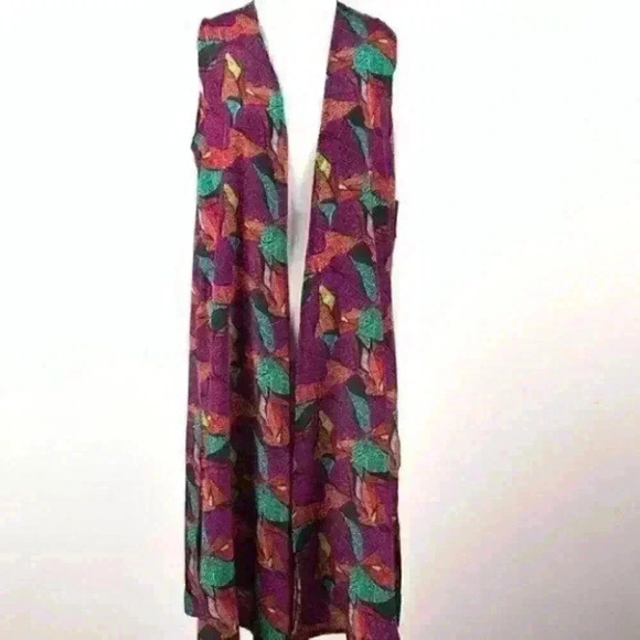 New Lularoe Joy Womens long vest duster size S 4-6 multicolored leaves - Picture 2 of 11